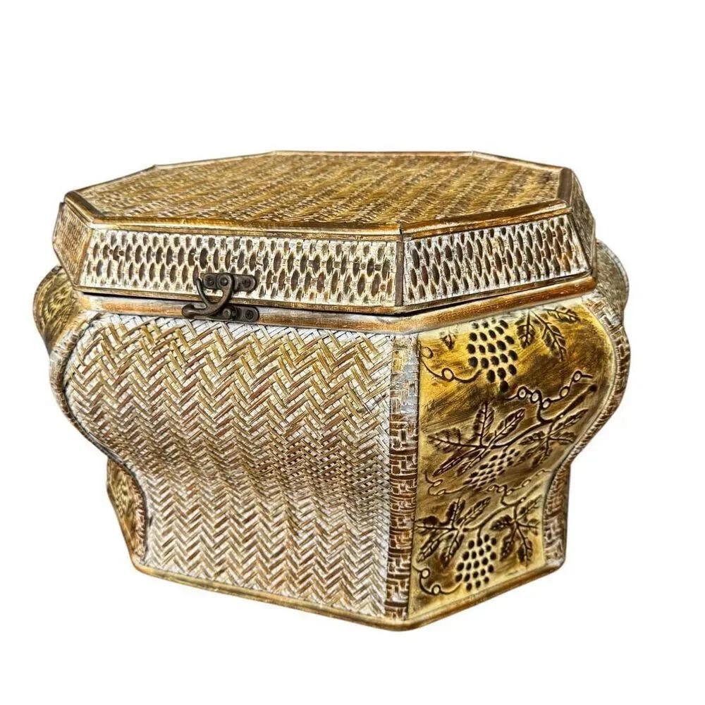 Asian Style Vintage Woven Carved light metal/Wooden Trunk inside storage box